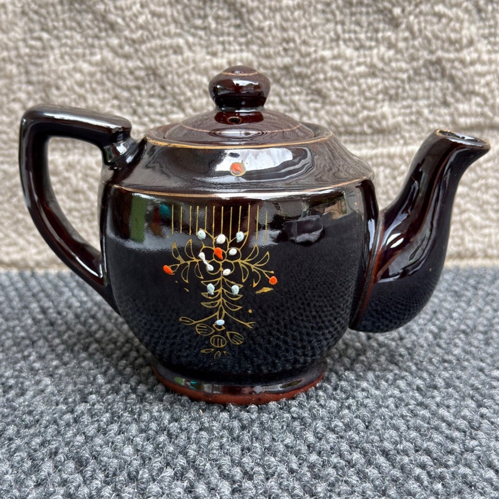 Vintage Japanese Brown Glazed Ceramic Teapot Hand Painted Floral Gold Moriage
